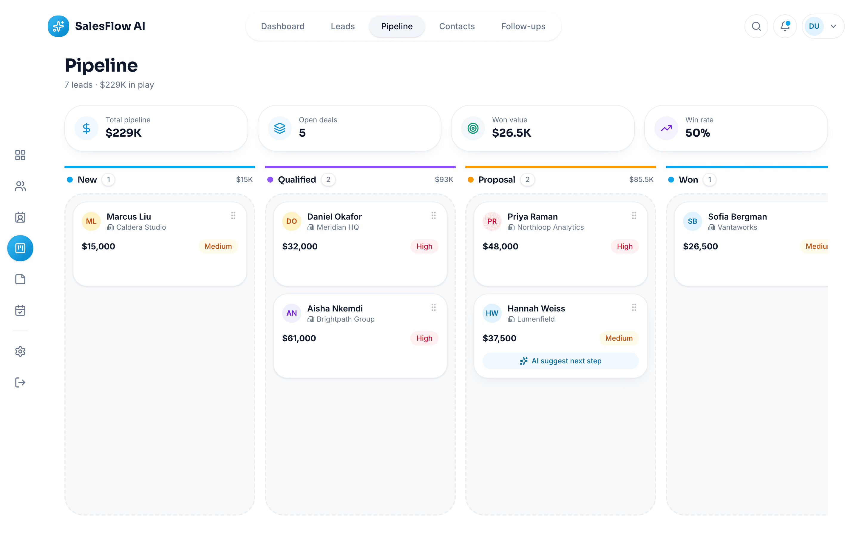The pipeline board, with an AI next-step suggestion on the open deal