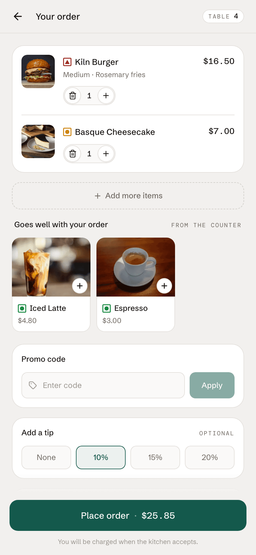 Cart with upsell, promo code, and tip