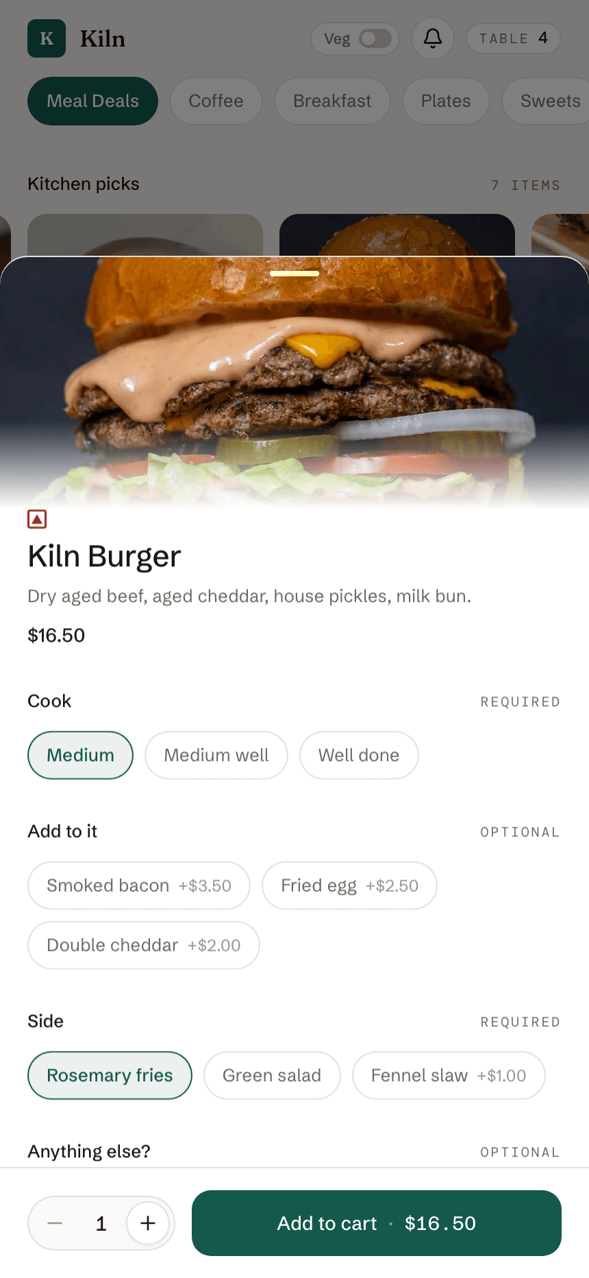 Customising an item before it goes to the kitchen