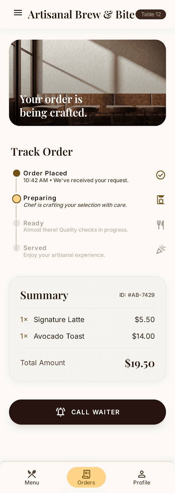 Live order tracking from the diner's phone